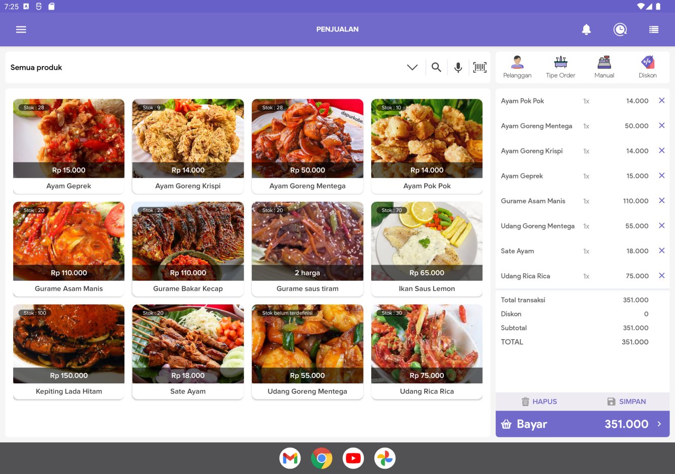 Tampilan grid produk di aplikasi POS JUNOPOS versi tablet